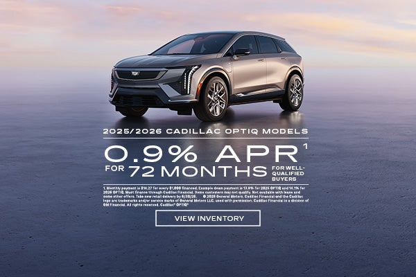 2025 and 2026 Cadillac OPTIQ. 0.9% APR for 72 months.